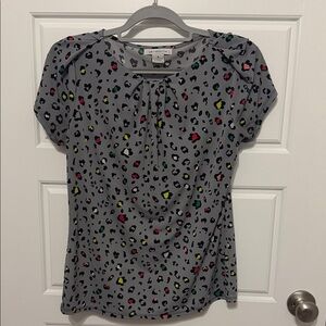 Liz Claiborne Gray Leopard Print Top with Neon Pink, Yellow & Green Spots